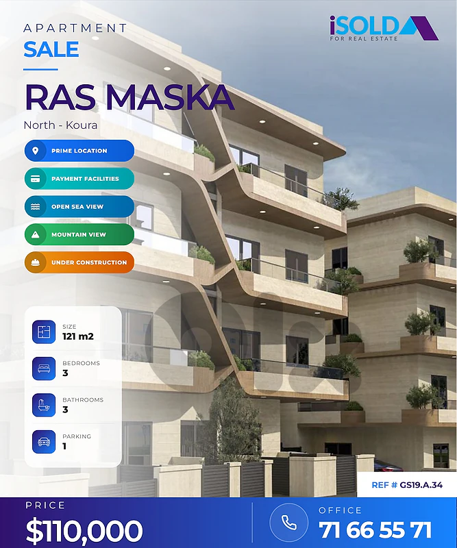 A 121 m2 apart. having an open mountain/sea view for sale in Ras Maska