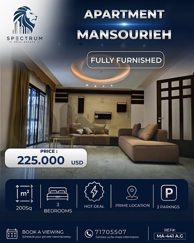 AMAZING APARTMENT FOR SALE IN MANSOURIEH PRIME 3 BEDROOMS, (MA-441)