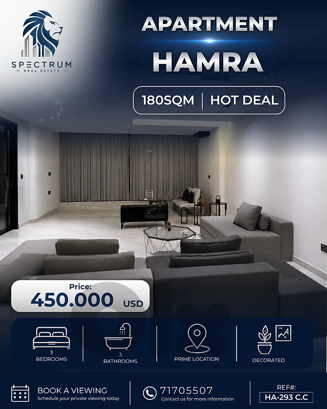 HOT DEAL ! APT IN HAMRA PRIME | 180SQ | 3 BEDS | HA-293 C.C HOT DEAL ! APT IN HAMRA PRIME | 180SQ | 3 BEDS | HA-293 C.C