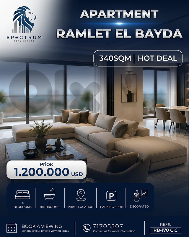 SPACIOUS APT IN RAMLET EL BAYDA PRIME | 340SQ | 4 BEDS | RB-170 C.C