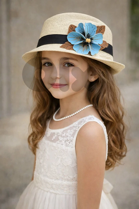 Handcrafted Straw Fedora Hat with Blue Flower
