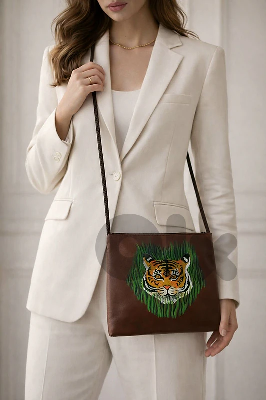 Hand-Painted Tiger Design Brown Leather Crossbody Bag