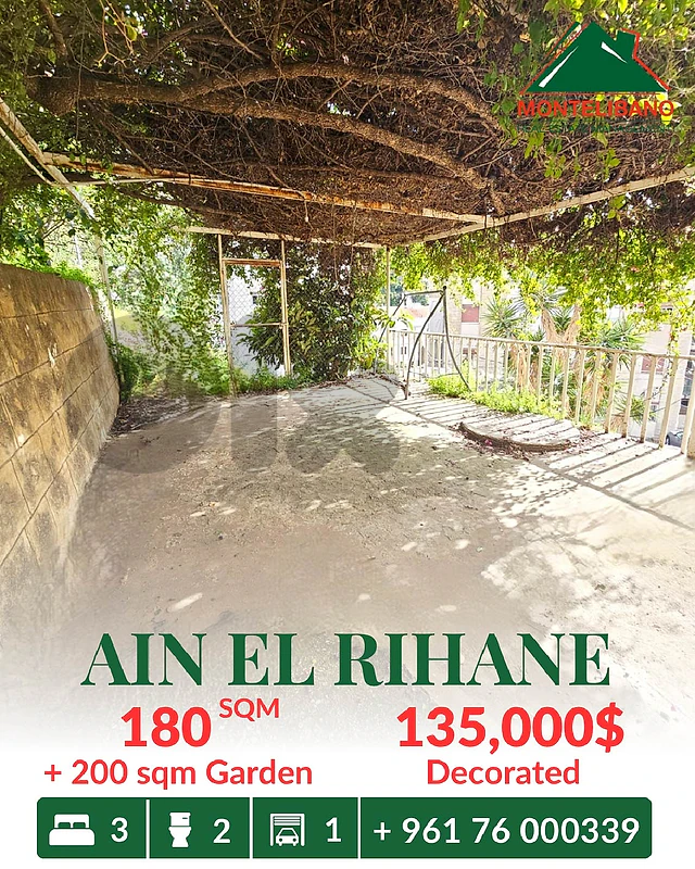 180 sqm Apartment For Sale in Ain El Rihane with 200 sqm Garden