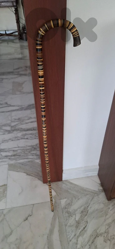 Old walking stick constructed from stacked horn discs.