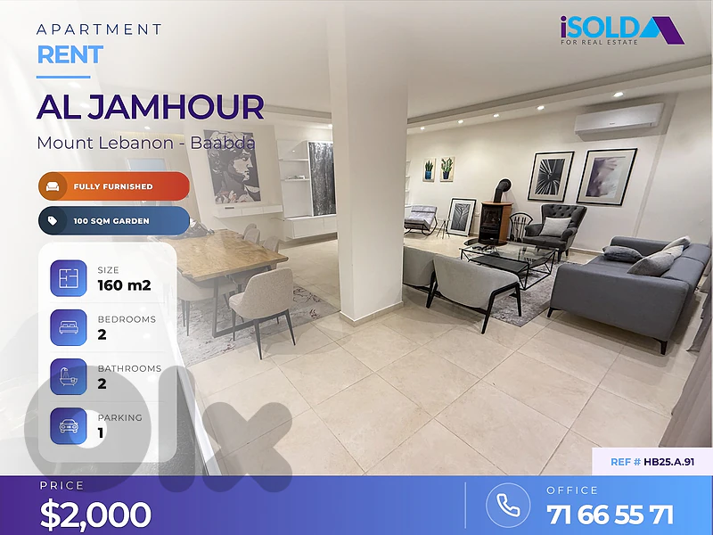A furnished 160 m2 apart with a garden for rent in Al jamhour, Baabda