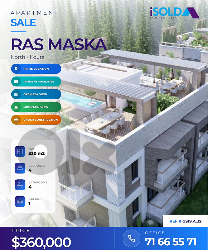 A 330 m2 apart having an open mountain/sea view  for sale in Ras Maska