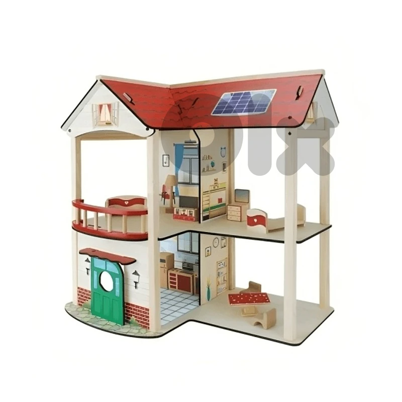 Wooden Doll House For Kids With Furniture - بيت الدمية الخشبية للأطفال