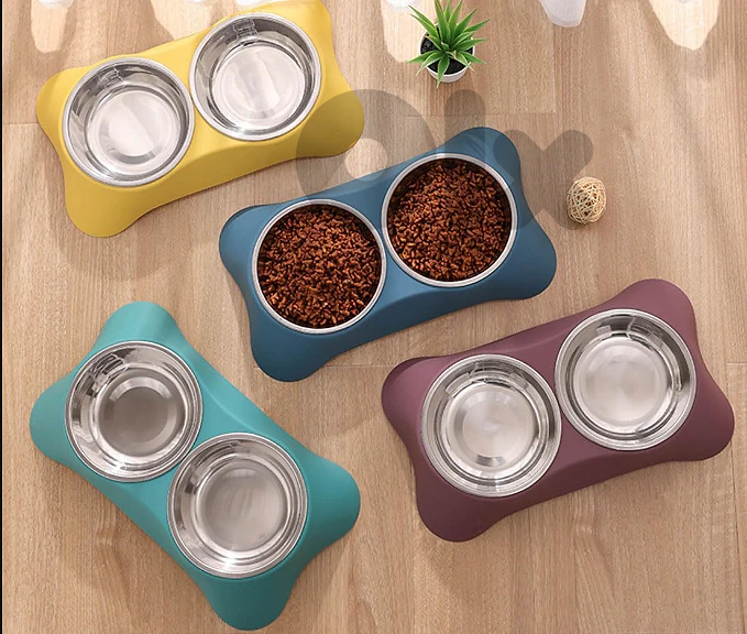 Double Dog Bowl,Non Slip Non-spill Stainless Steel Double Bowll- small