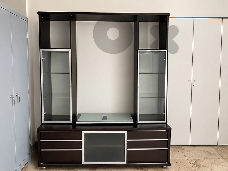 Modern TV Entertainment Center with Glass Display Cabinets