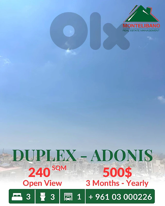 240 sqm Duplex For Rent in Adonis أدونيس with Open View