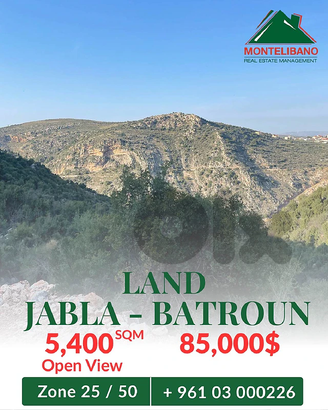 5,400 sqm Land For Sale in Jabla - Batroun with Open View