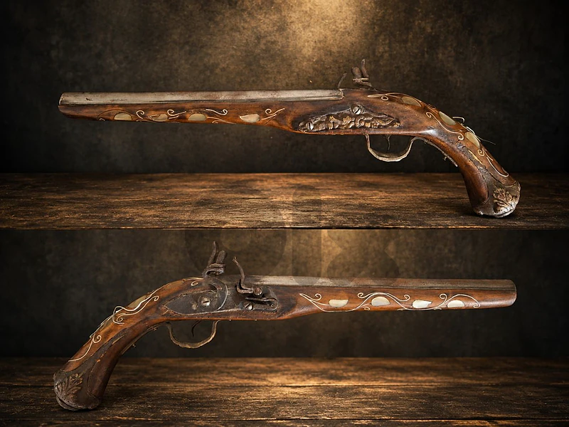 مسدس فلنتلوك زخرفي مطعم بخيوط فضة وص Pistol with Silver Wire and Pearl