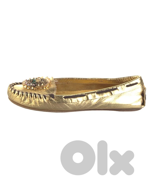 Metallic Gold Embellished Leather Moccasin Flats