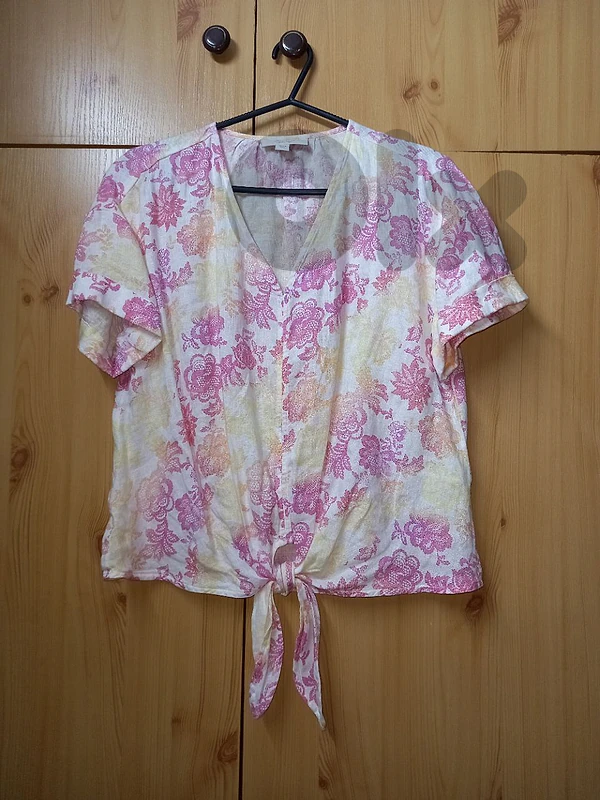 pink and yellow floral tie-front top