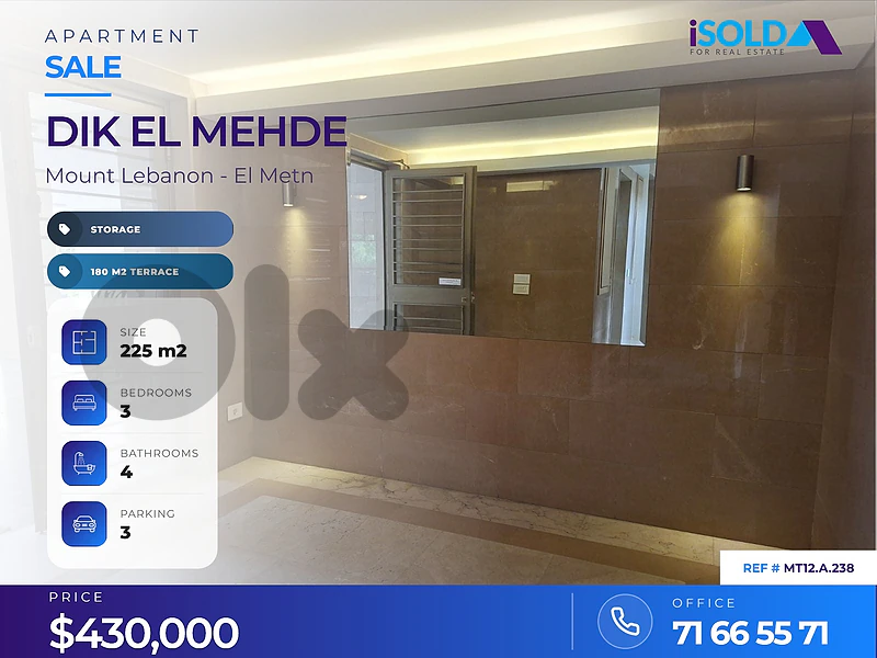 A 225 m2 apartment with a 180 m2 terrace for sale in Dik El Mehde