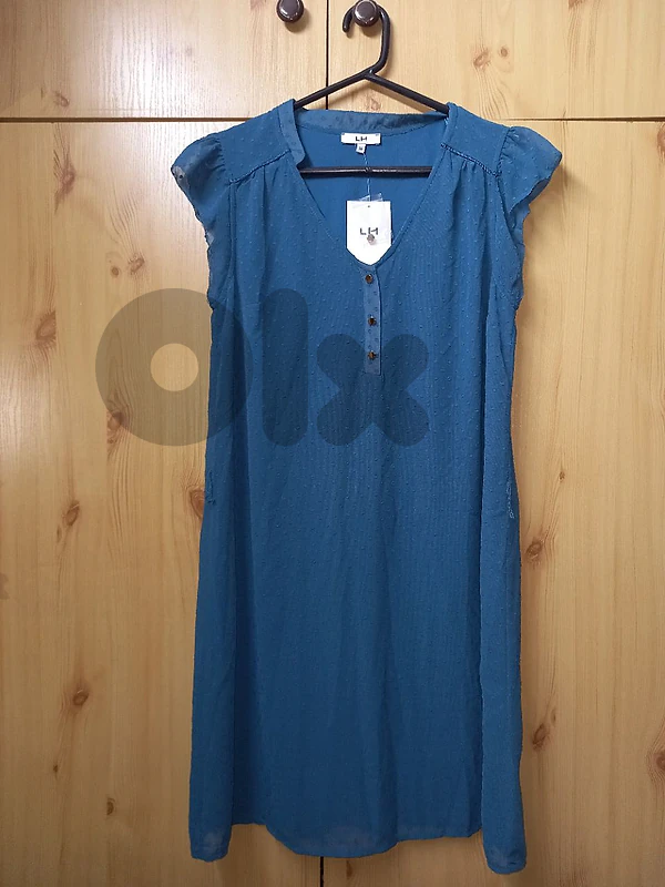 blue dot-textured buttom front dress - size 36