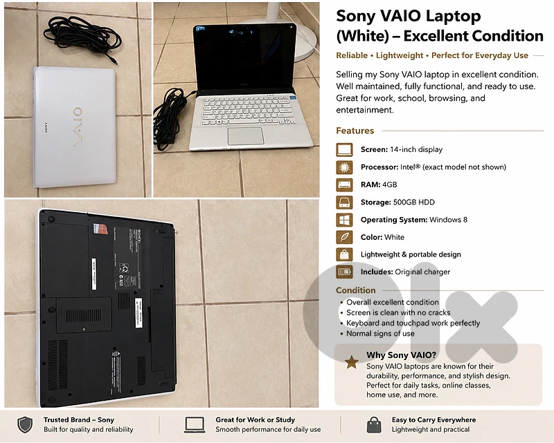 Sony VAIO 14” Laptop with Original Charger – Excellent Condition