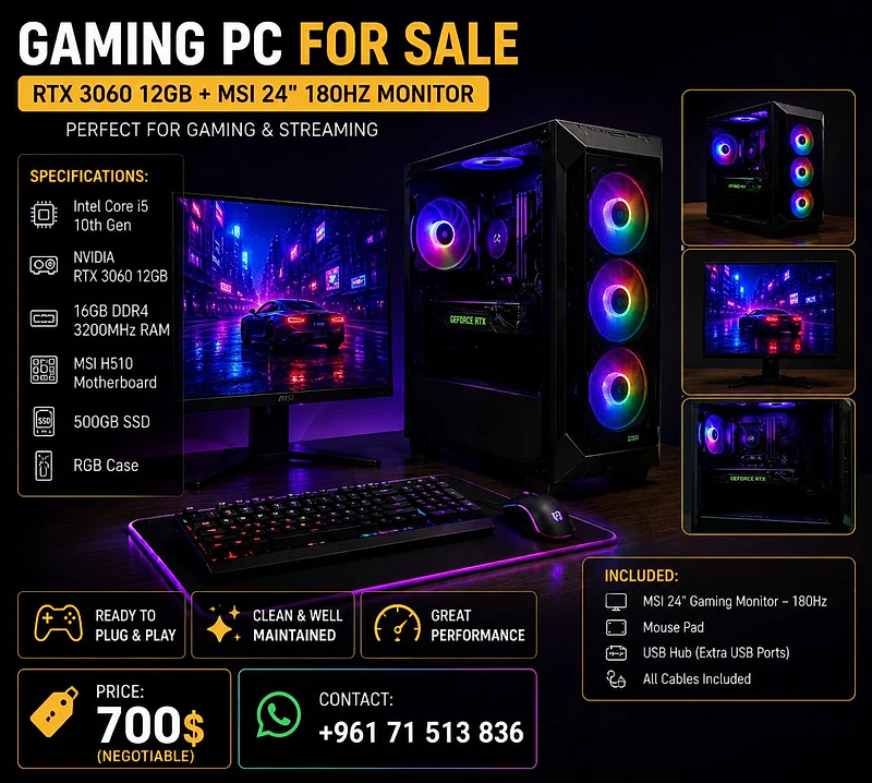 🔥 Gaming PC RTX 3060 12GB + MSI 24" 180Hz Monitor  i510th Gen16GB RAM