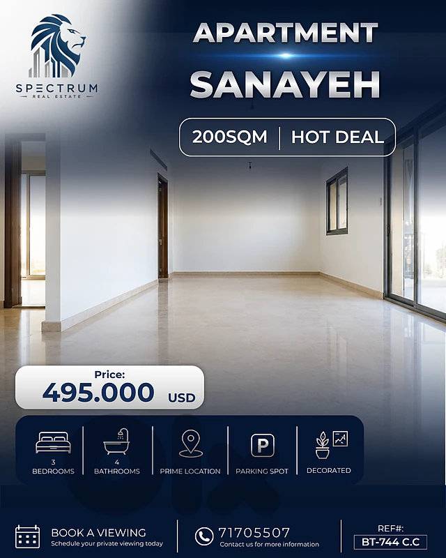 SPACIOUS APT IN SANAYEH PRIME | 200SQ | 3 BEDROOMS | BT-744