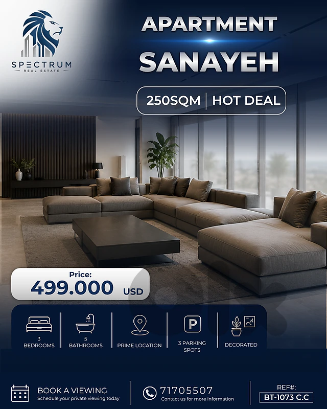 SPACIOUS APT IN SANAYEH PRIME | 250SQ | 3 BEDROOMS | BT-1073