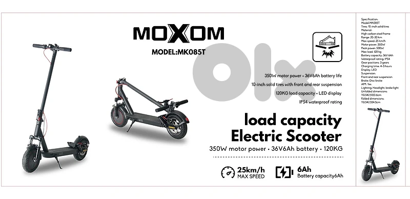 moxom electric scooter 350W 6Ah battery 25km/hr seat sold separately