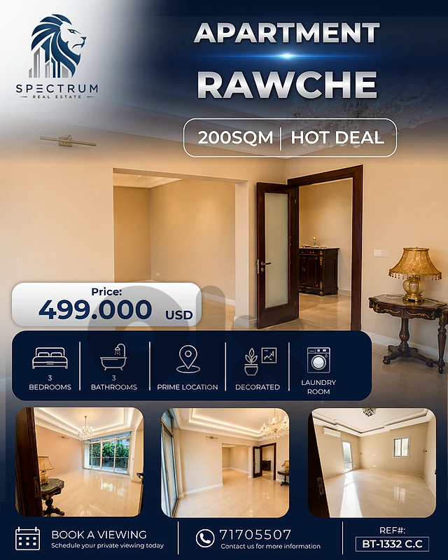 SPACIOUS APARTMENT IN RAWCHE  PRIME (200SQ) 3 BEDROOMS , (BT-1332)