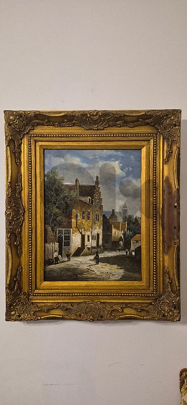 Vintage Signed Street Scene Painting in Ornate Gilt Frame – 50 × 60 cm