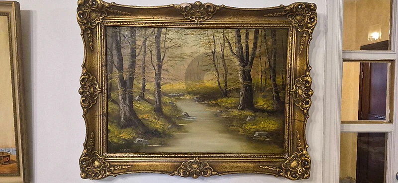 Vintage Signed Oil Painting on Canvas – Forest Landscape – 65×85 cm