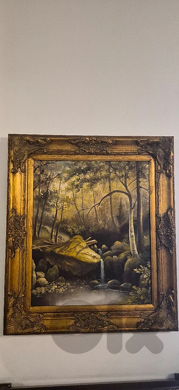 Large Hand-Painted Forest & Waterfall Painting – Framed 70×80 cm
