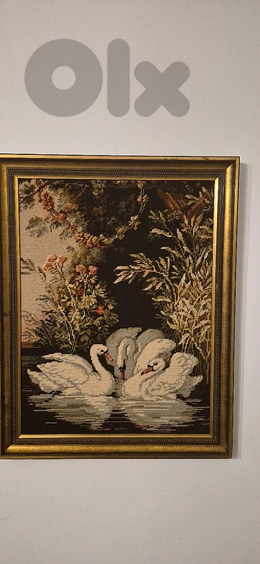 Vintage Hand-Stitched Swan Needlepoint Tapestry – Framed 55×70 cm