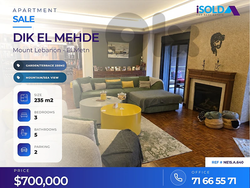235 m² GF Apt + 250 m² Garden/Terrace+ Mountain/Sea View, Dik El Mehde