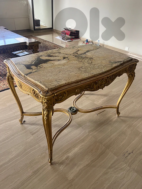A French Louis XV Style Gilt Wood Carved Center Table Marble with