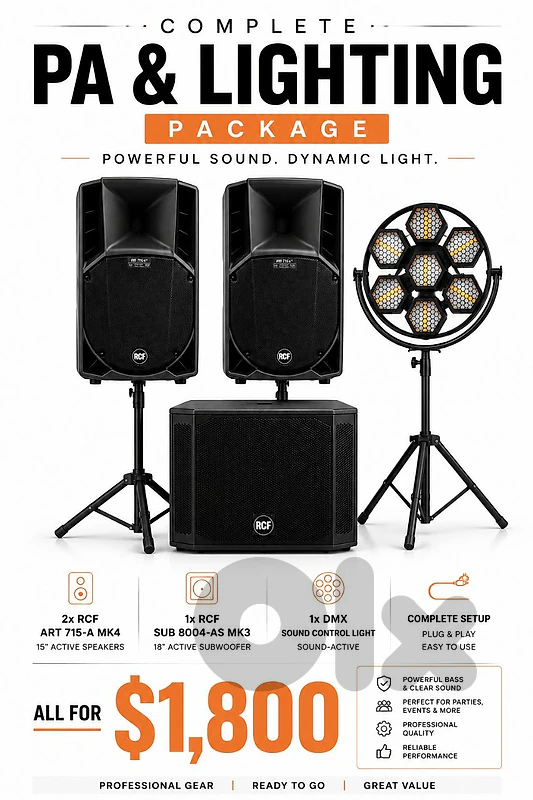 RCF Professional PA System + DMX Party Light – Complete Package