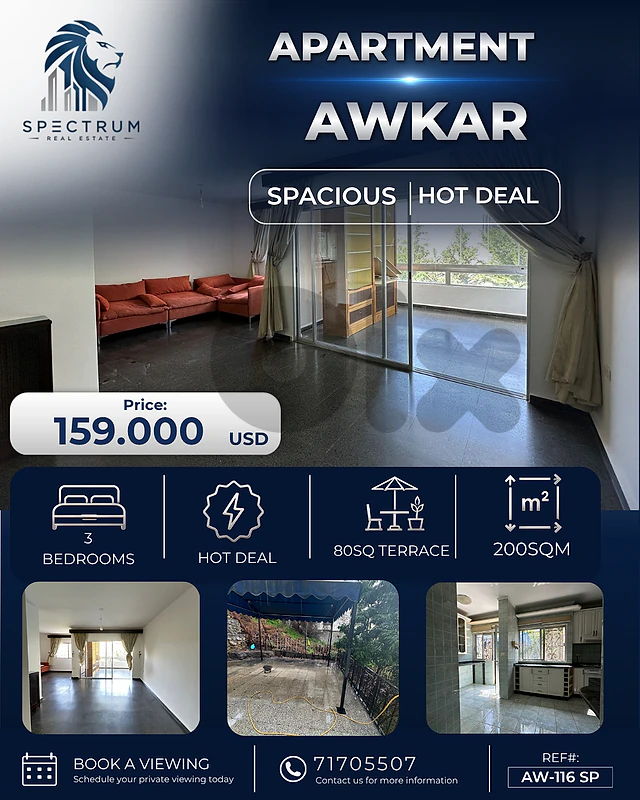 APARTMENT IN AWKAR PRIME  FOR SALE WITH TERRACE (AW-116 )