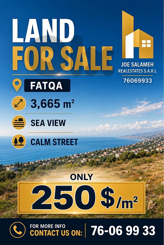 Land for sale in Fatqa 3,665m2 Sea&Mountain View only 250$/m2