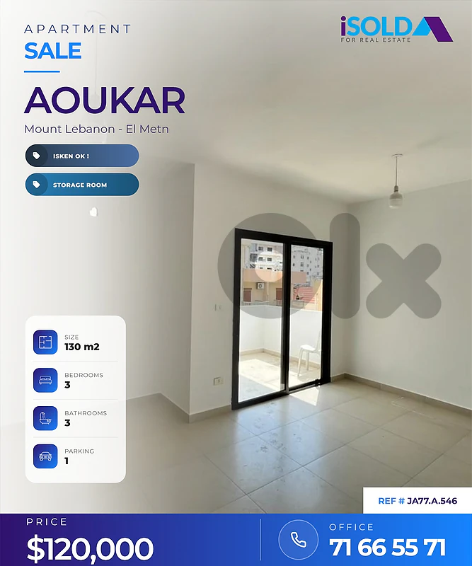 Isken Ok, 3 bedroom apartment 4 sale Aoukar / Awkar +storage + parking