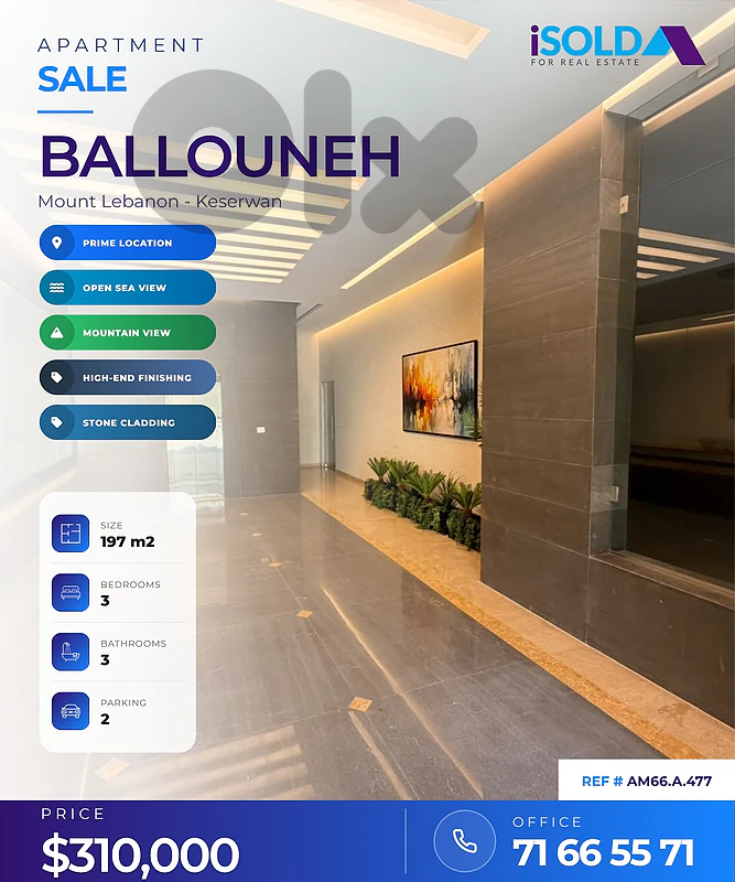197 m2 apartment + open mountain view 4 sale n Ballouneh
