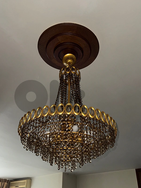 Mid-Century Nordic Style Gilt Brass & Crystal Empire Chandelier ⚜️
