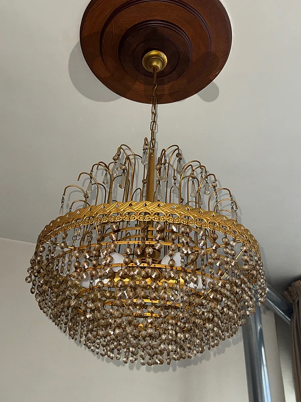 Vintage 1970s Hollywood Regency Brass & Crystal Waterfall Chandelier ✨