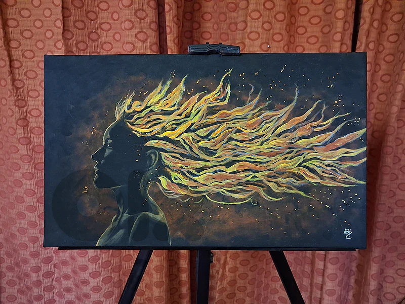 crowned in fire acrylic painting لوحة رسم يد بالاكريليك