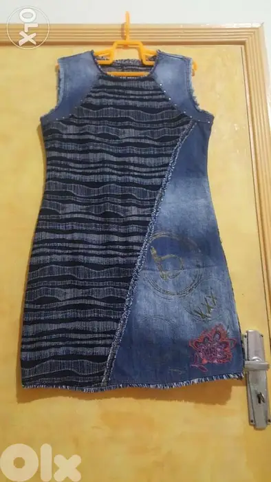 Desigual denim embroidery patchwork dress large فستان