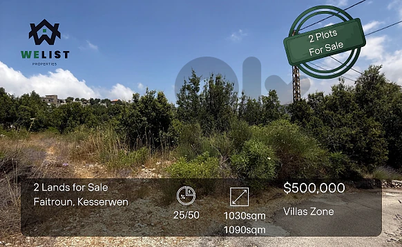 2 Plots of Land (1030sqm - 1090sqm) for sale in Faitroun