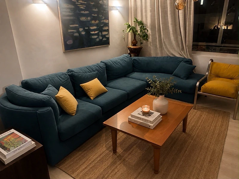 teal blue sofa