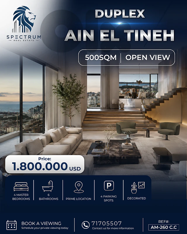 LUXURY DUPLEX IN AIN EL TINEH | 500SQ | OPEN VIEW | AM-260 C.C