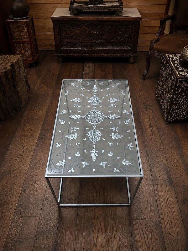 Plexiglass Coffee Table with Intricate Mother-of-Pearl Inlay