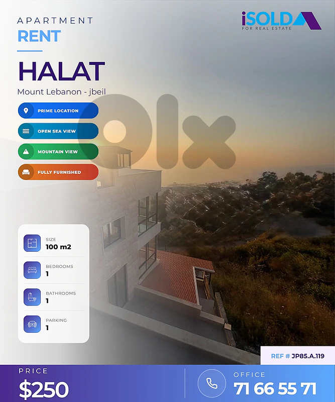 A furnished 100 m2 apartment having+mountain/sea view 4 sale in Halat
