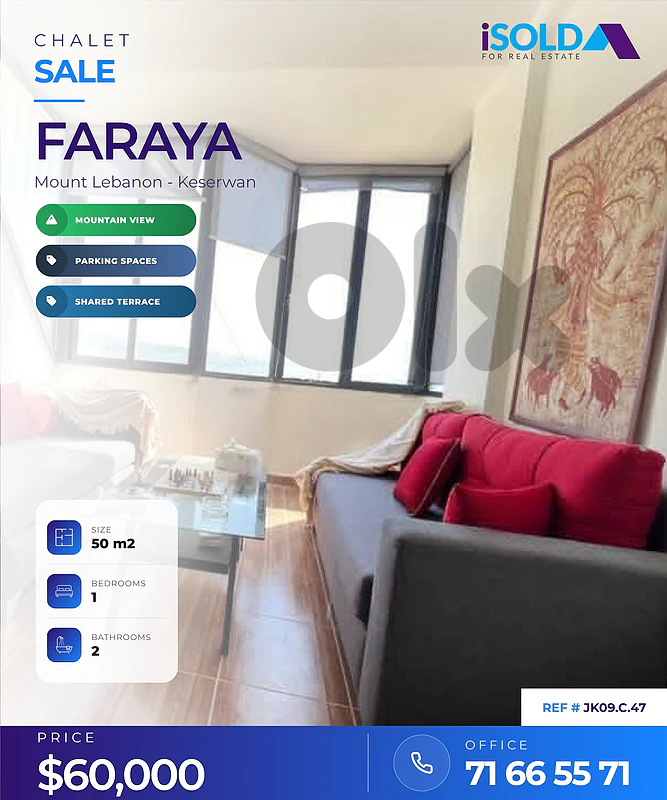 50m2 Chalet+open view 4 sale in Faraya (shared parking+terrace)
