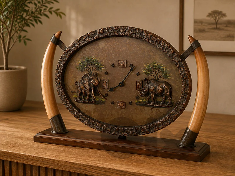 Safari Wildlife Polyresin Table Clock with Elephant & Rhino Design