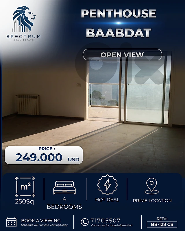 Penthouse (240Sq) 4 BEDROOMS In Baabdat Prime , (BB-128)
