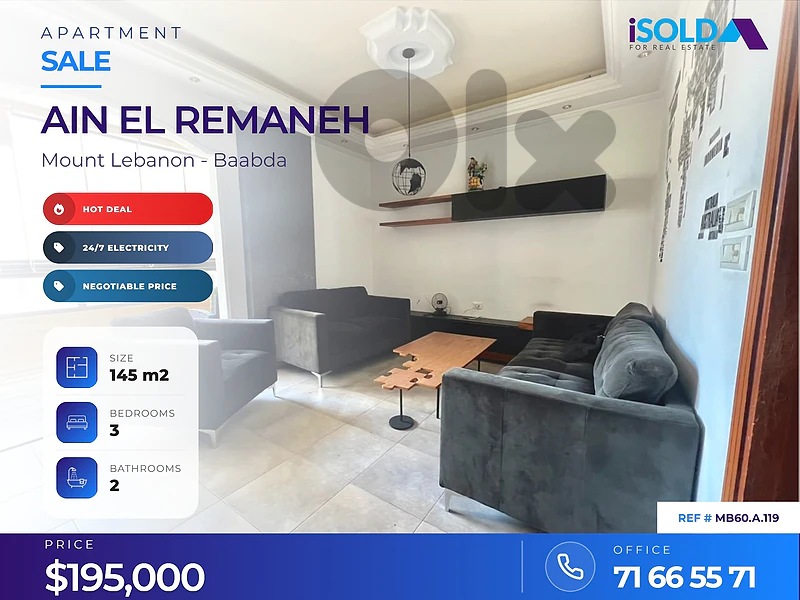 HOT DEAL - A 145 m2 furnished apartment for sale in Ain el remaneh